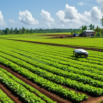 Smart Farming in Suriname**

"A lush Surinamese agricultural landscape with drones monitoring crops, modern irrigation systems in place, and farmers in appropriate attire inspecting the soil. Bright daylight, professional photography, clear details, fully clothed, safe for work, appropriate content, perfect anatomy, natural proportions, family-friendly."

**