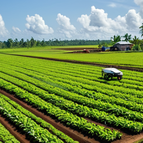Home 11 Smart Farming in Suriname**
"A lush Surinamese agricultural landscape with drones monitoring crops, modern irrigation systems in place, and farmers in appropriate attire inspecting the soil. Bright daylight, professional photography, clear details, fully clothed, safe for work, appropriate content, perfect anatomy, natural proportions, family-friendly."
**