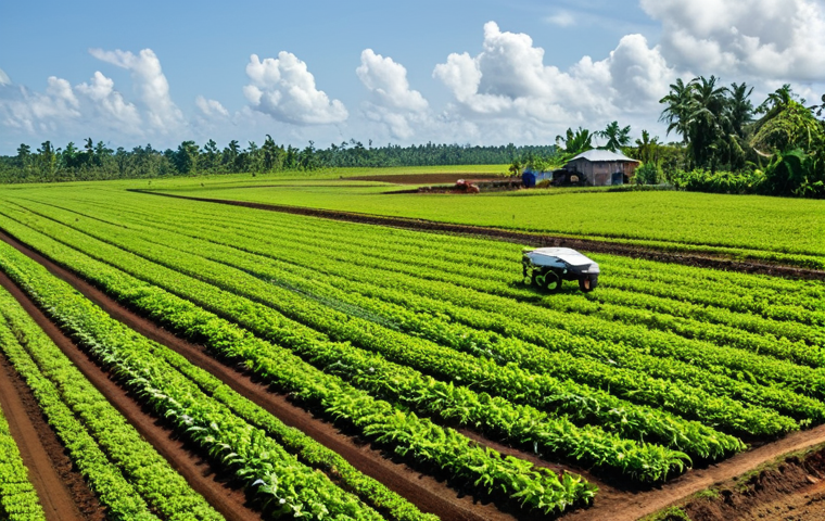 Smart Farming in Suriname**

"A lush Surinamese agricultural landscape with drones monitoring crops, modern irrigation systems in place, and farmers in appropriate attire inspecting the soil. Bright daylight, professional photography, clear details, fully clothed, safe for work, appropriate content, perfect anatomy, natural proportions, family-friendly."

**