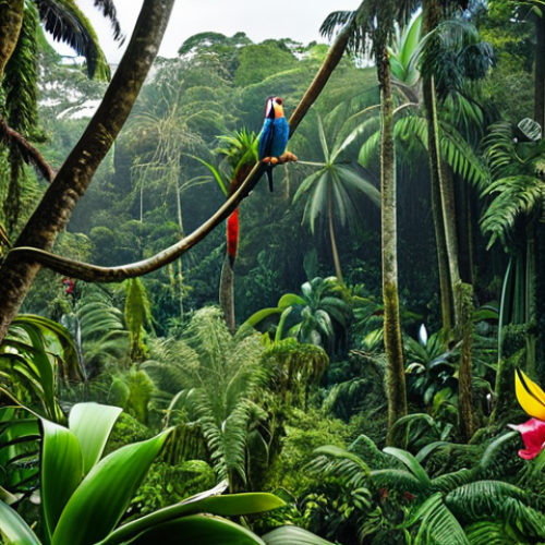 Home 6 Amazonian Biodiversity**
"A vibrant, colorful scene deep within the Amazon rainforest of French Guiana. Macaws and toucans fly amidst towering trees covered in orchids and bromeliads. In the foreground, a sloth hangs from a branch, and a glimpse of a jaguar can be seen in the distance. Lush vegetation and exotic plants fill the frame. perfect anatomy, correct proportions, natural pose, well-formed hands, proper finger count, natural body proportions, safe for work, appropriate content, fully clothed, professional, family-friendly"
**