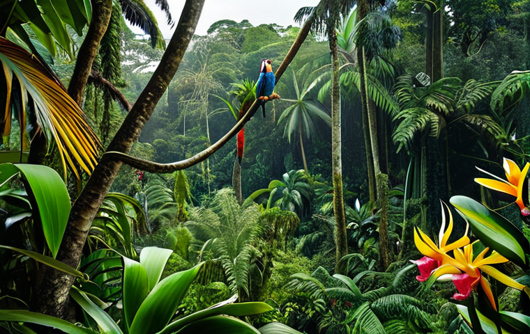 Amazonian Biodiversity**

"A vibrant, colorful scene deep within the Amazon rainforest of French Guiana. Macaws and toucans fly amidst towering trees covered in orchids and bromeliads. In the foreground, a sloth hangs from a branch, and a glimpse of a jaguar can be seen in the distance. Lush vegetation and exotic plants fill the frame. perfect anatomy, correct proportions, natural pose, well-formed hands, proper finger count, natural body proportions, safe for work, appropriate content, fully clothed, professional, family-friendly"

**