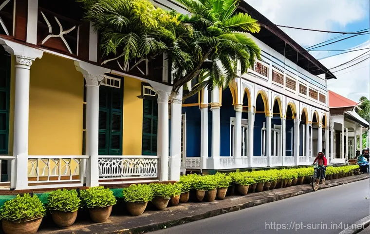 수리남과 브라질 국경 여행 - **A Vibrant Tapestry of Paramaribo's Heritage:**
    A bustling, sun-drenched street scene in the hi...