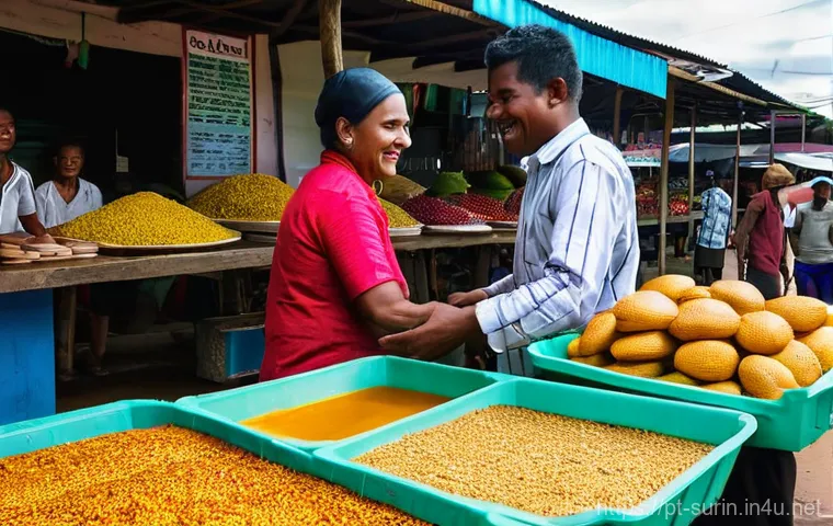 수리남에서 카리브 해 문화의 영향 - **Surinamese Market Delights:**
    "A vibrant, bustling scene at the Central Market in Paramaribo, ...