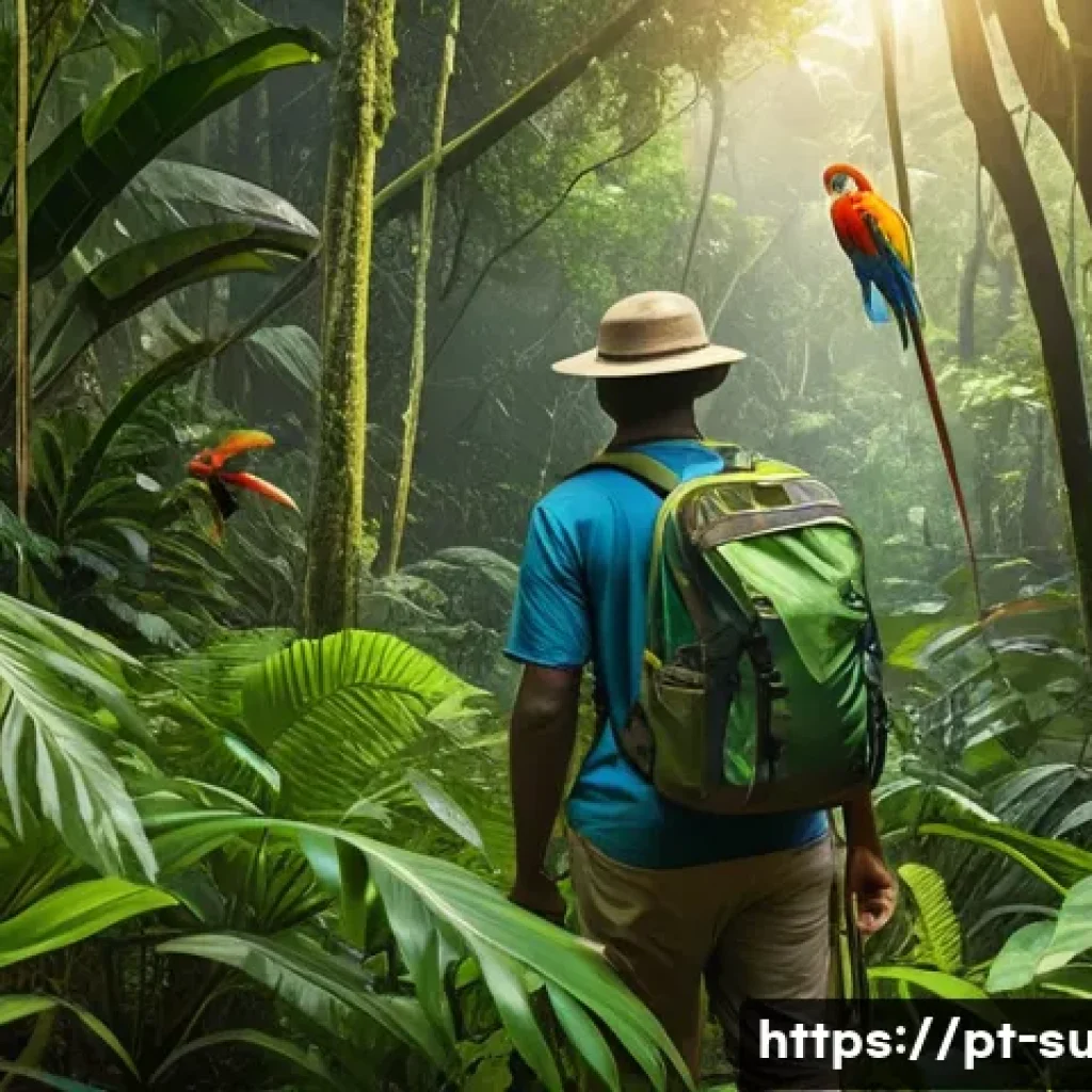 수리남에서 생태 관광을 즐기는 법 - A vibrant and detailed scene of a guided hiking trail deep in the Suriname Amazon rainforest, showin...