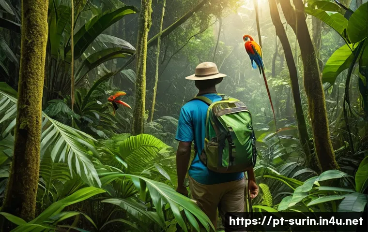 수리남에서 생태 관광을 즐기는 법 - A vibrant and detailed scene of a guided hiking trail deep in the Suriname Amazon rainforest, showin...