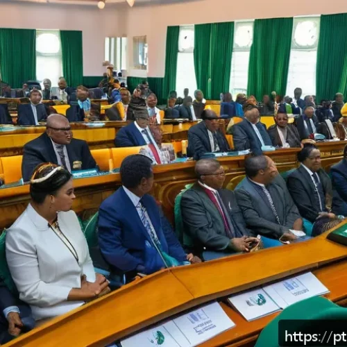 Home 15 수리남 정치 구조와 주요 정당 - A detailed and vibrant political meeting scene inside the Suriname National Assembly, showing a dive...