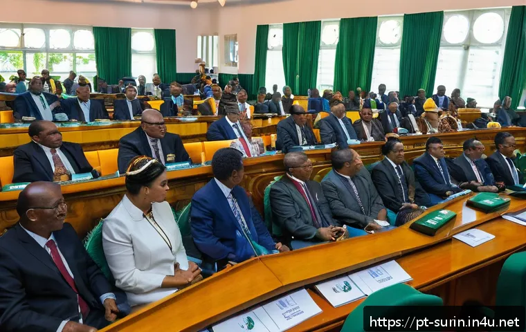 수리남 정치 구조와 주요 정당 - A detailed and vibrant political meeting scene inside the Suriname National Assembly, showing a dive...