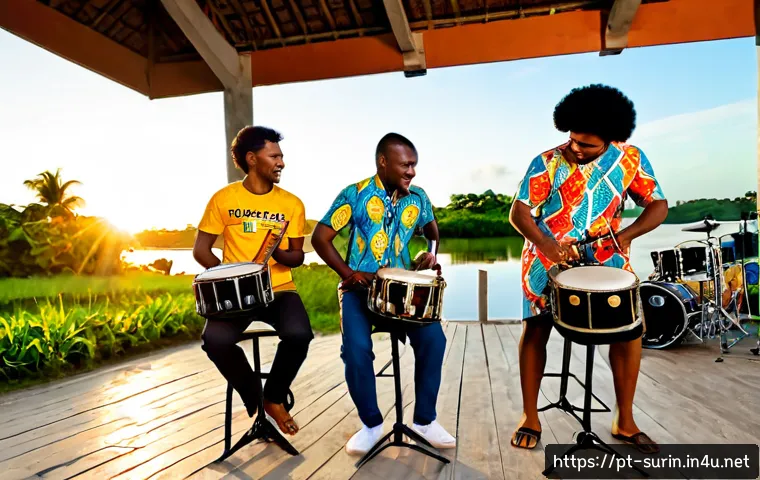 Home 17 수리남 전통 음악과 인기 장르 - Photorealistic outdoor Surinamese kaseko music performance at sunset in Paramaribo, diverse Afro-Sur...