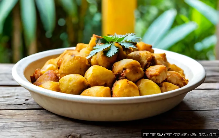 Home 17 수리남의 대표적인 전통 음식 - Photorealistic close-up of traditional Surinamese pom, a golden baked cassava-root casserole with te...