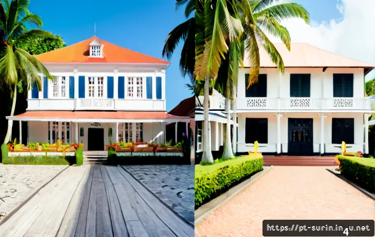 수리남과 프랑스령 기아나의 차이 - Photorealistic side-by-side travel comparison scene, left: Paramaribo, Suriname with elegant wooden ...
